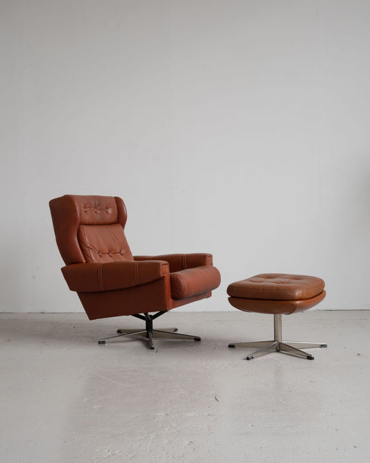 Danish cognac leather armchair with footstool (1960s)