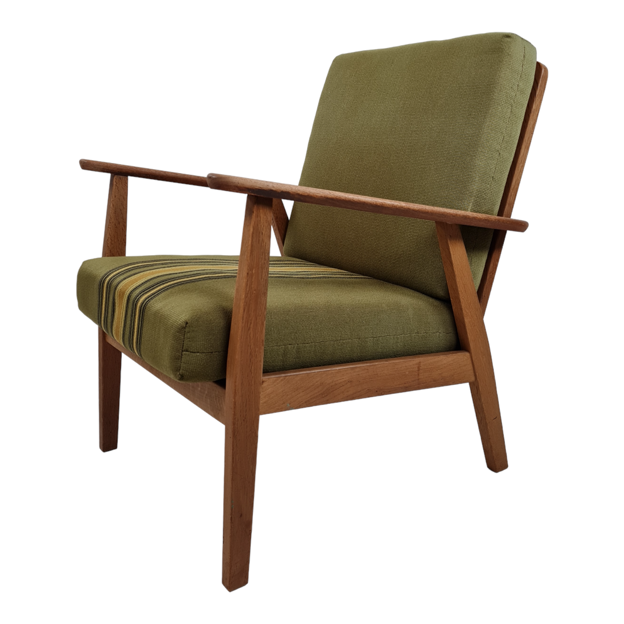 Armchair with loose cushions | Frame in oak & armrests in teak | Green wool